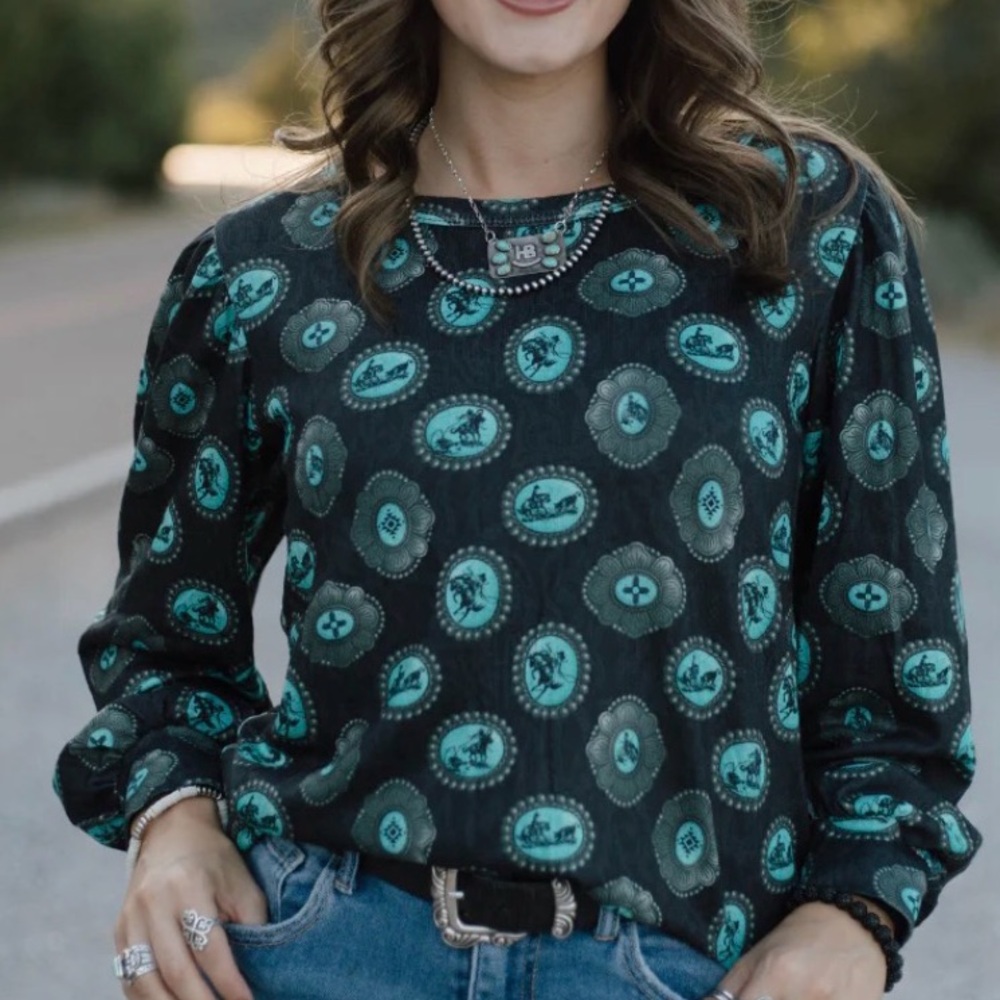 🩵🖤Sterling Kreek Western Silver Draw Top Rodeo Events Turquoise Concho 🩵🖤 - Picture 2 of 5